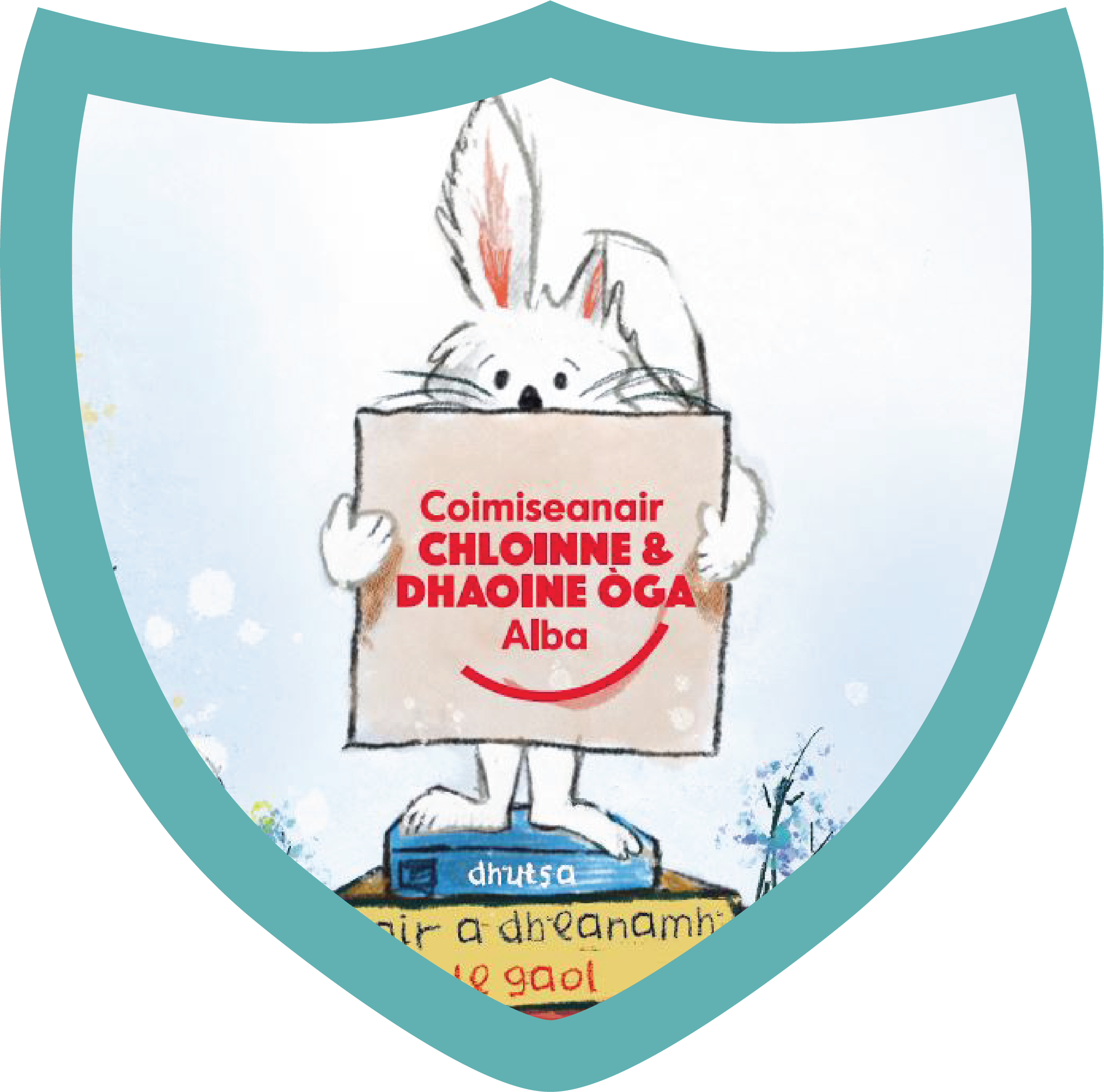 A cartoon bunny holding up a sign in Gaelic that says 'Coimiseanair Chloinne & Dhaoine Oga Alba' while standing on books. The bunny is framed by a light blue shield