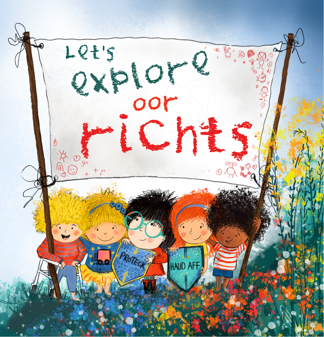 Five illustrated children holding up a flag banner that says Let's Explore Oor Richts