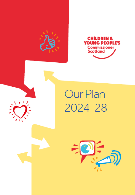 Front cover of the strategic plan, depicting a cartoon heart, a megaphone, a thumbs up symbol.