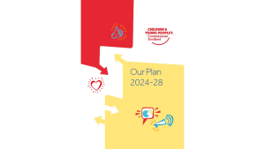 Front cover of the strategic plan, depicting a cartoon heart, a megaphone, a thumbs up symbol.