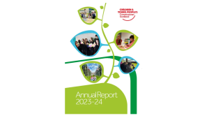 The front cover of the annual report is nature themed, showing various pictures of children and young people inside leafs that shoot out from a long green branch.