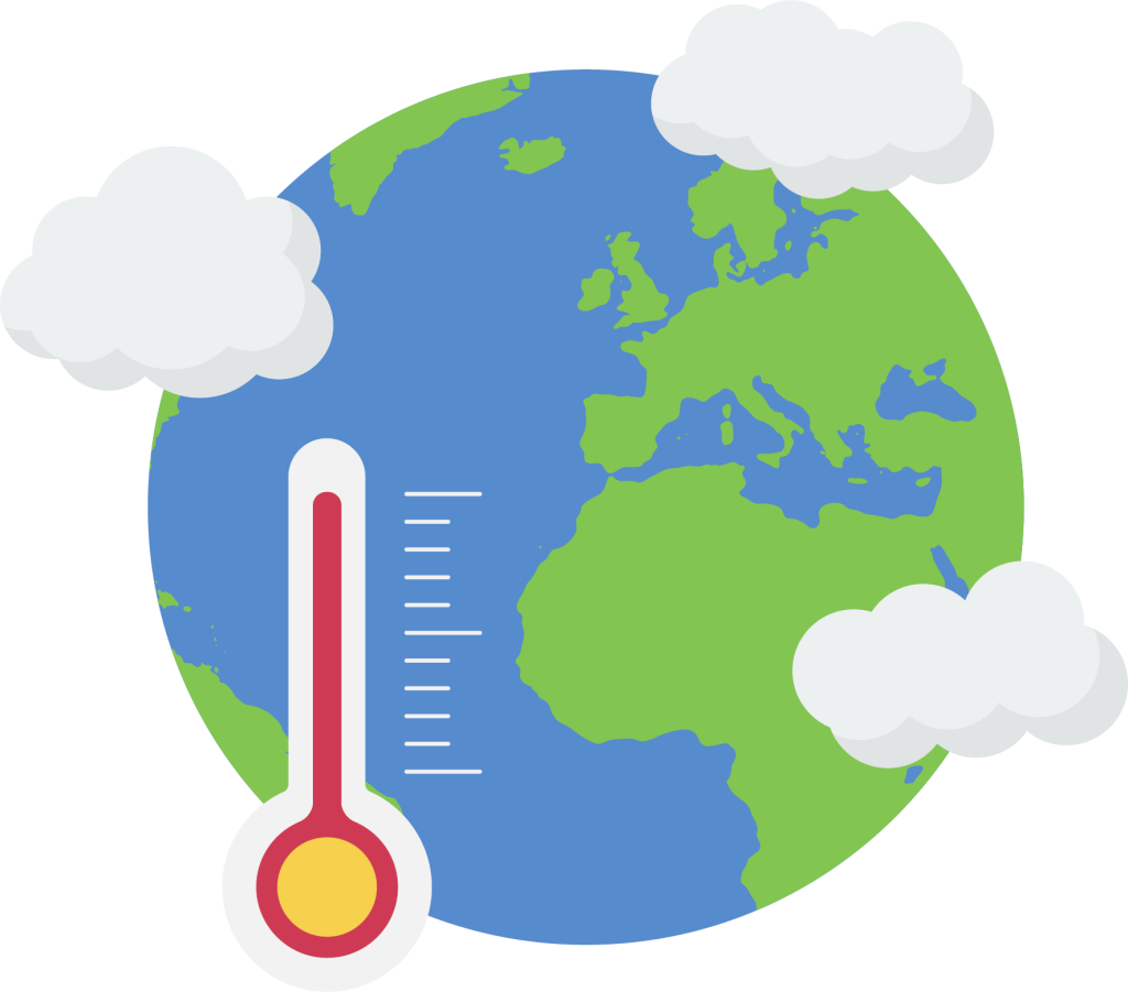 The image depicts the Earth with a thermometer, symbolising the issue of global warming or climate change. The thermometer is positioned vertically in the foreground, showing a high temperature reading, and there are clouds floating around the planet. This visual likely represents the rising temperatures and environmental changes associated with climate change.