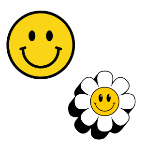 Yellow smiley face and a white daisy with a smiling face on a black background.