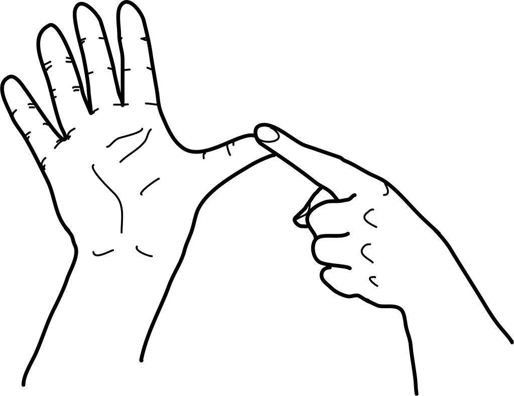 The image is a black-and-white icon of two hands positioned as if signing, commonly used to represent sign language or accessibility for deaf and hard-of-hearing individuals. The hands are illustrated in a simple, stylised manner, making the symbol clear and recognisable.
