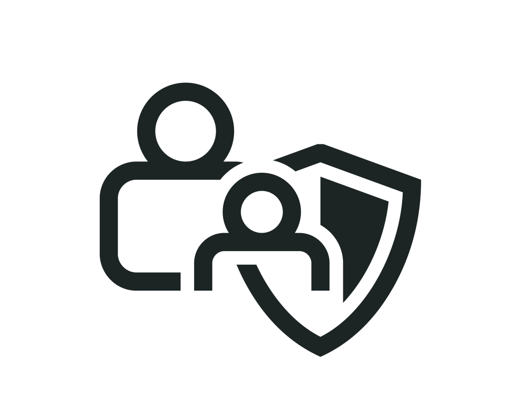 Icon representing online safety for children, featuring two stylized human figures with a shield symbol, indicating protection and security in the digital environment.