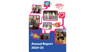 Front cover of the Children and Young People’s Commissioner Scotland Annual Report 2024–25. The design features a bright, child-friendly layout with pink connecting lines and colourful icons such as hearts and megaphones. Several photos show children and young people taking part in activities — walking together, sitting around a table, playing outdoors, and filming an interview. The organisation’s logo appears at the top right, and the title “Annual Report 2024–25” is shown at the bottom against a blue background.
