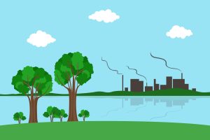 Illustration of a green landscape with trees beside a calm body of water, with factories in the background releasing smoke into the sky.