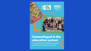 The cover of the report Camouflaged in the education system: The experiences of children and young people from Armed Forces families. It has a picture of children who worked on the report and the logos of Forces Children Scotland and the Children and Young People's Commissioner Scotland.
